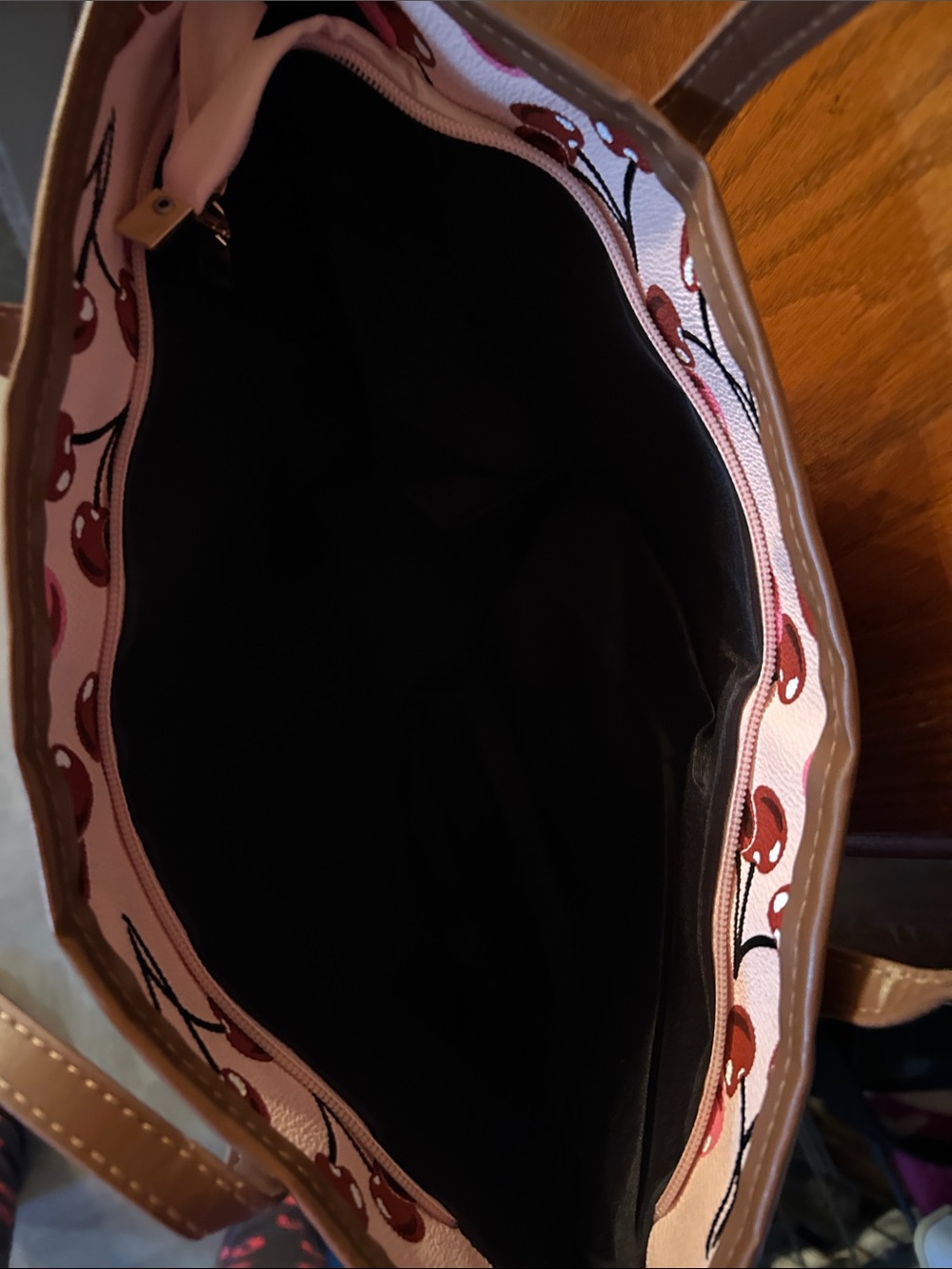 Pink Cherry-Print Tote with Brown Handles - Picture 2 of 4
